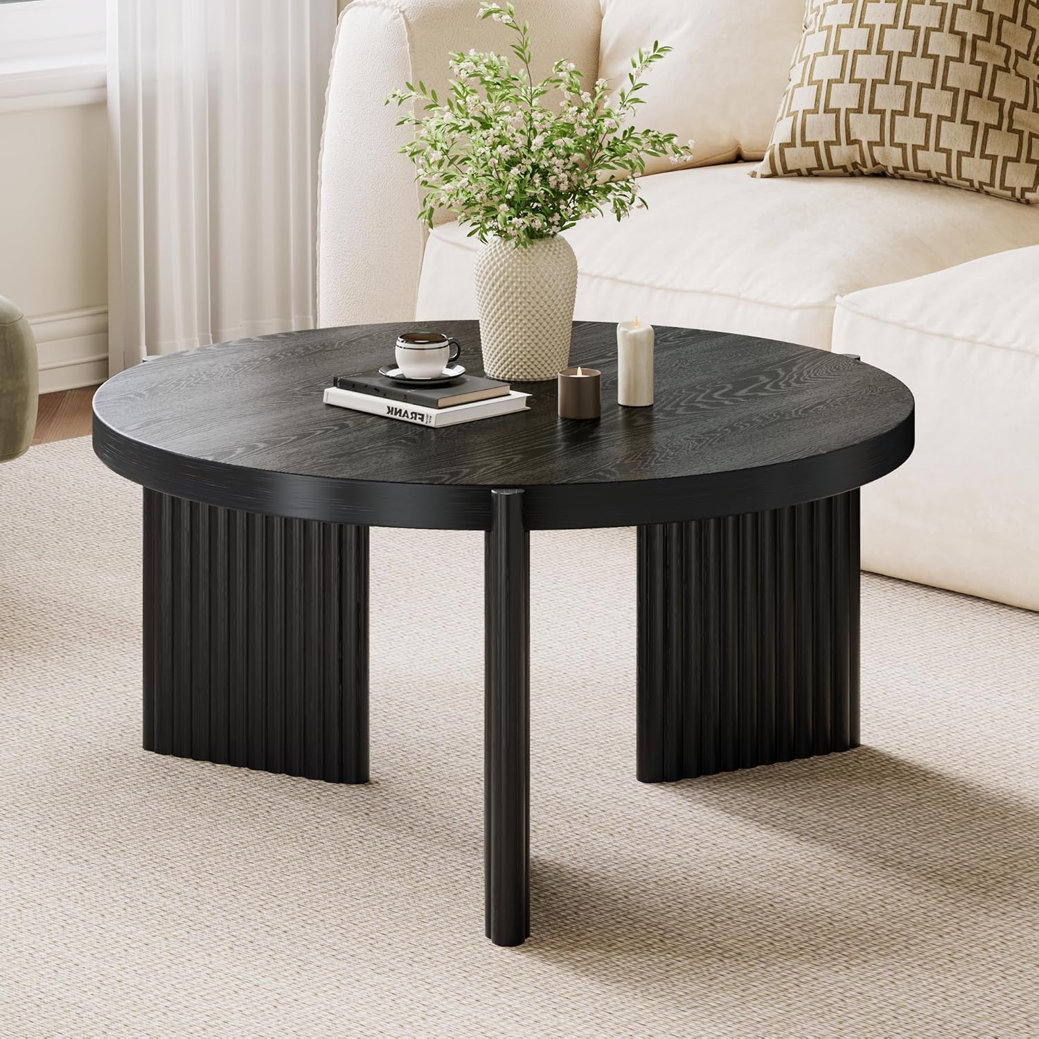 Luoxiao 27.5 Round Black Coffee Table for Living Room, Mid Century Modern Fluted Wood Center Table, Circular Sofa Table with Ribbed Base & Non-Slip Footpads for Small Space, Apartment, Easy Assembly