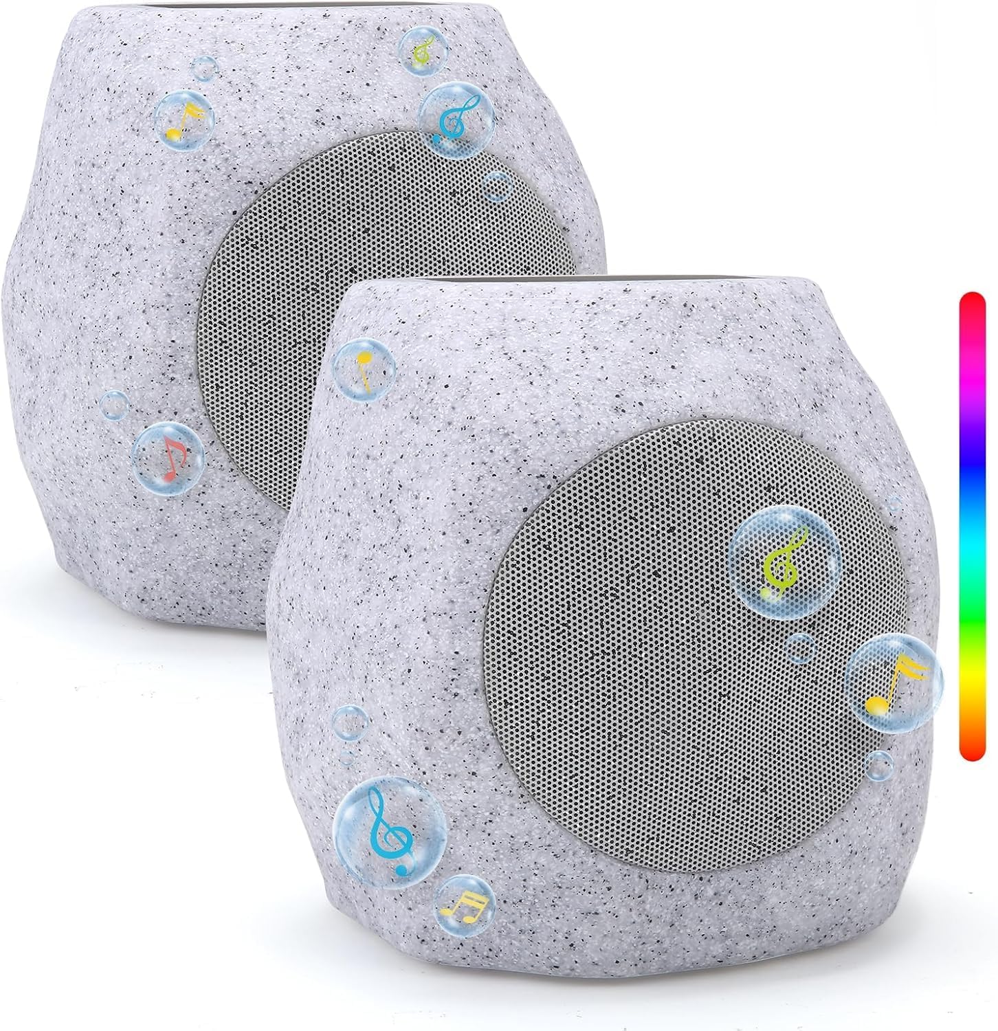 Outdoor Solar Rock Bluetooth Speakers with Colorful Lights, Deep Bass IPX4 Waterproof Speaker, Solar-Powered, TWS Paring, Perfect for Pool Garden and Outdoor Activities - Marble 2 Pack