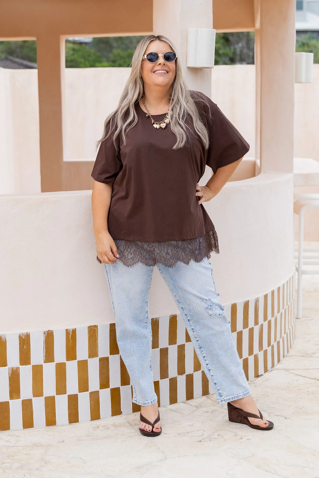 Lola Lace Trim Tee in Chocolate