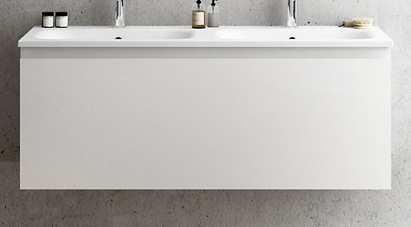 Meuble vasque suspendu blanc mat l.120 cm   plan double vasque blanc brillant en résine, Pura