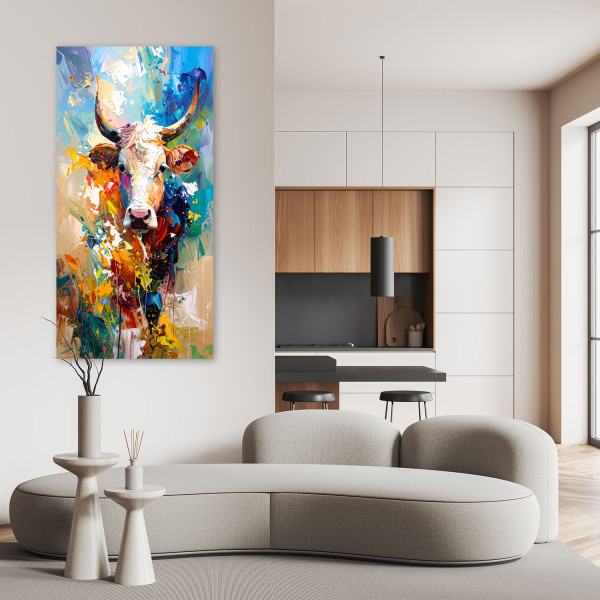 Obraz nowoczesny do salonu, Kolorowa Krowa Byk Zwierzęta Malowany 40x80