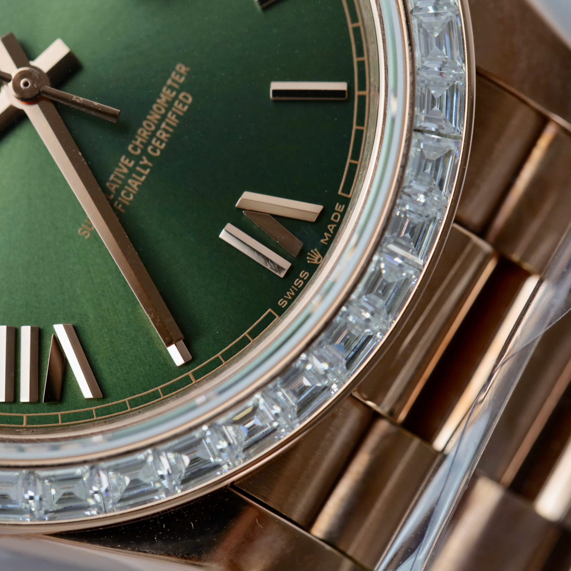 Rolex Day-Date RG Plated Green Dial Baguette Diamond 40mm Super Clone