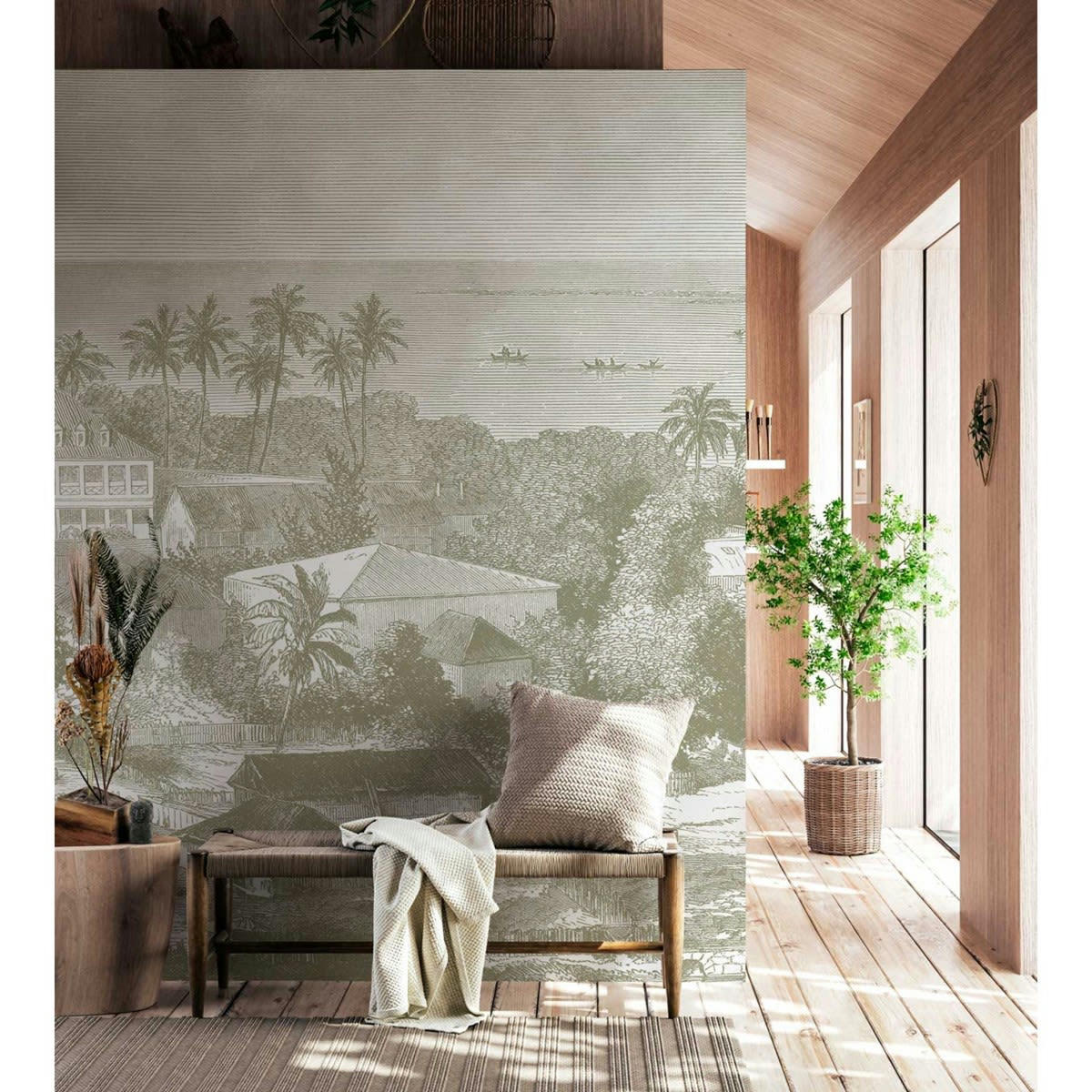 MAIMITI - Papier peint panoramique motif imprimé Vert tilleul 336x270cm