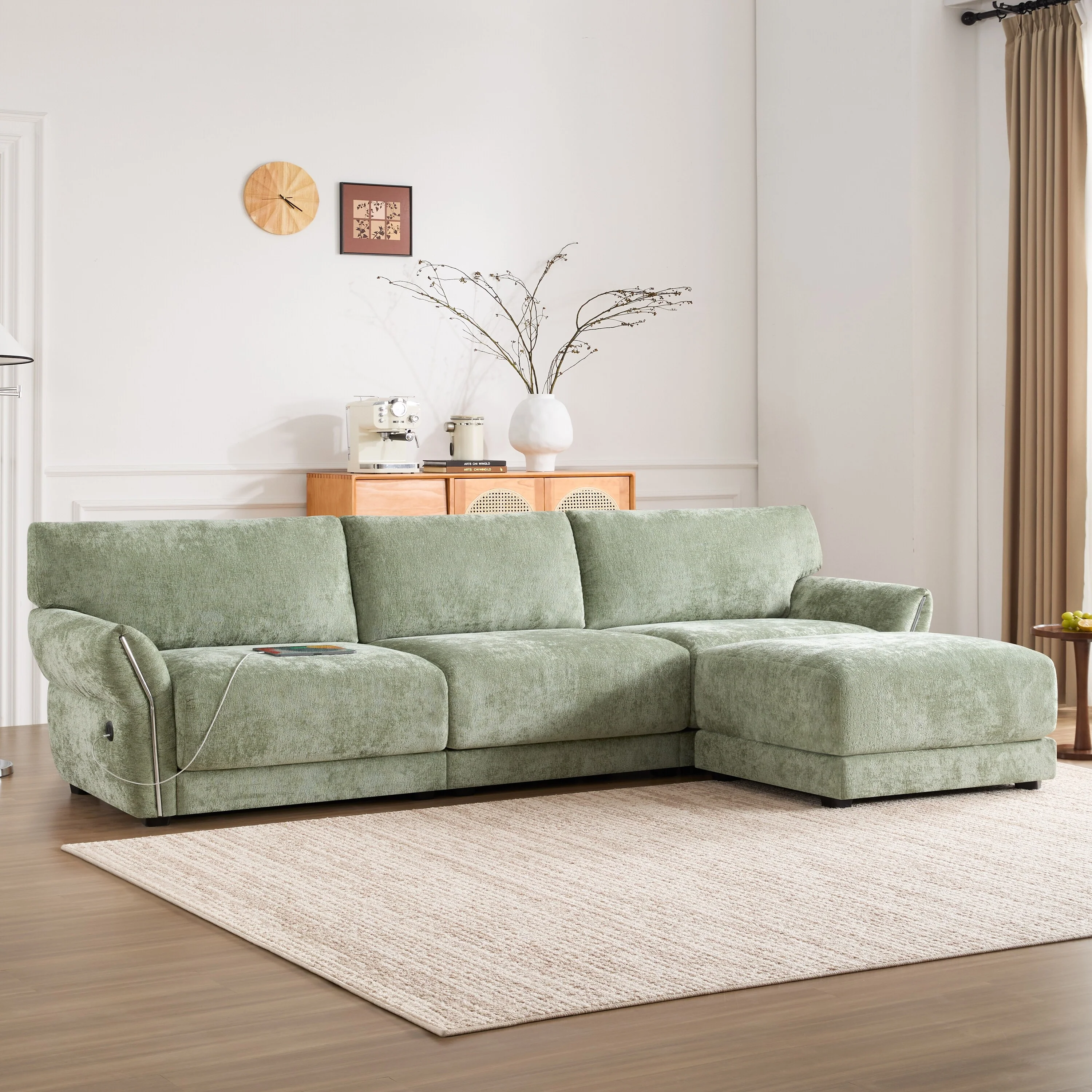 110 Chenille Modular Sectional Sofa, 4 Seat L-Shape with USB and Type-C Charger and One Ottoman
