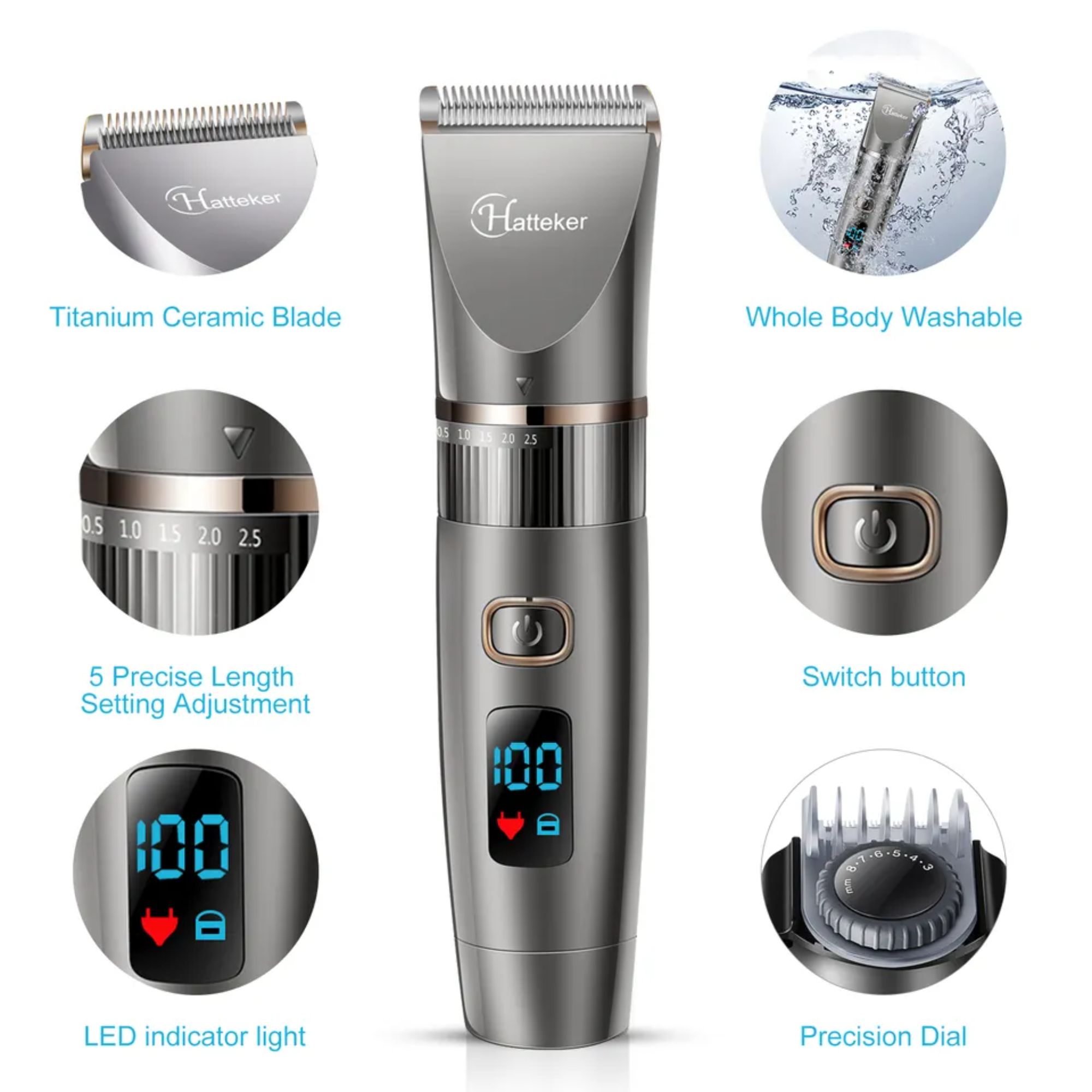 Hatteker Electric Hair Clippers Rechargeable Waterproof