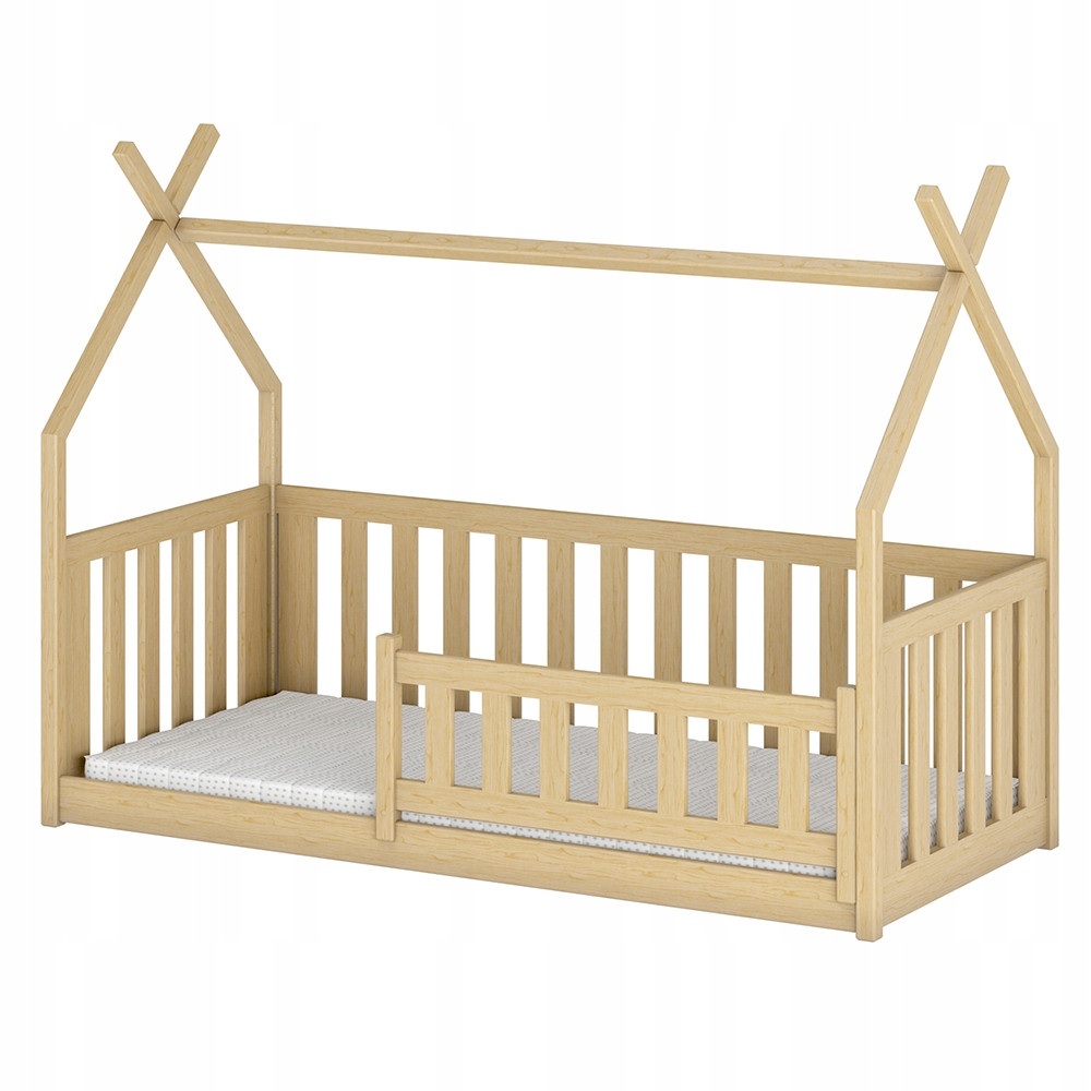 Sosnowe łóżko podłogowe dla dziecka z barierkami BOGUŚ 80x160 domek tipi