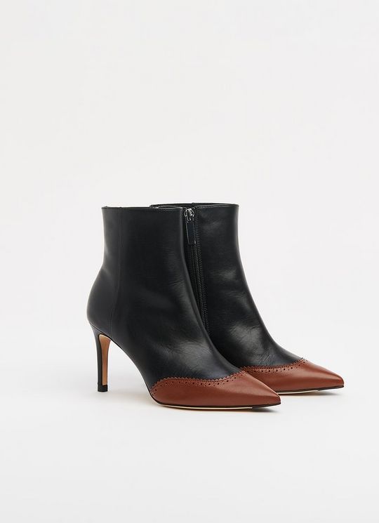 Angelica Black & Tan Leather Brogue Detail Ankle Boots