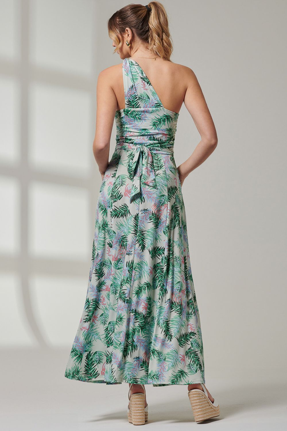 Jolie Moi Leaf Print One Shoulder Maxi Dress