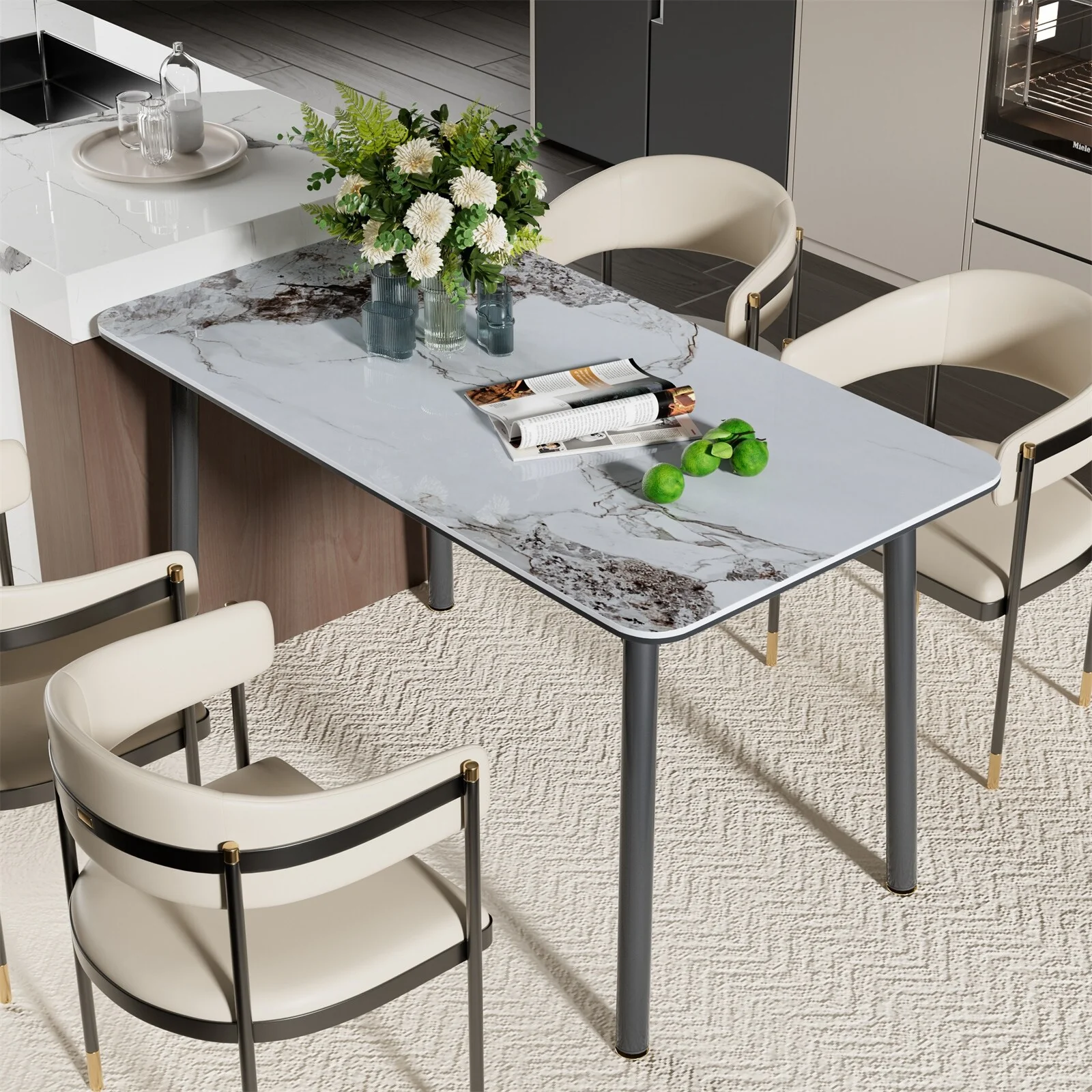 Large Kitchen Dining Table Sintered Stone Marble Tabletop and Tempered Glass Top Indoor Outdoor