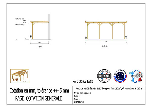 Carport toit plat adossé 350cmx800cm bois DOUGLAS français (charpente - auvent - abri camping-car). 28 m². Garantie 10 ans.