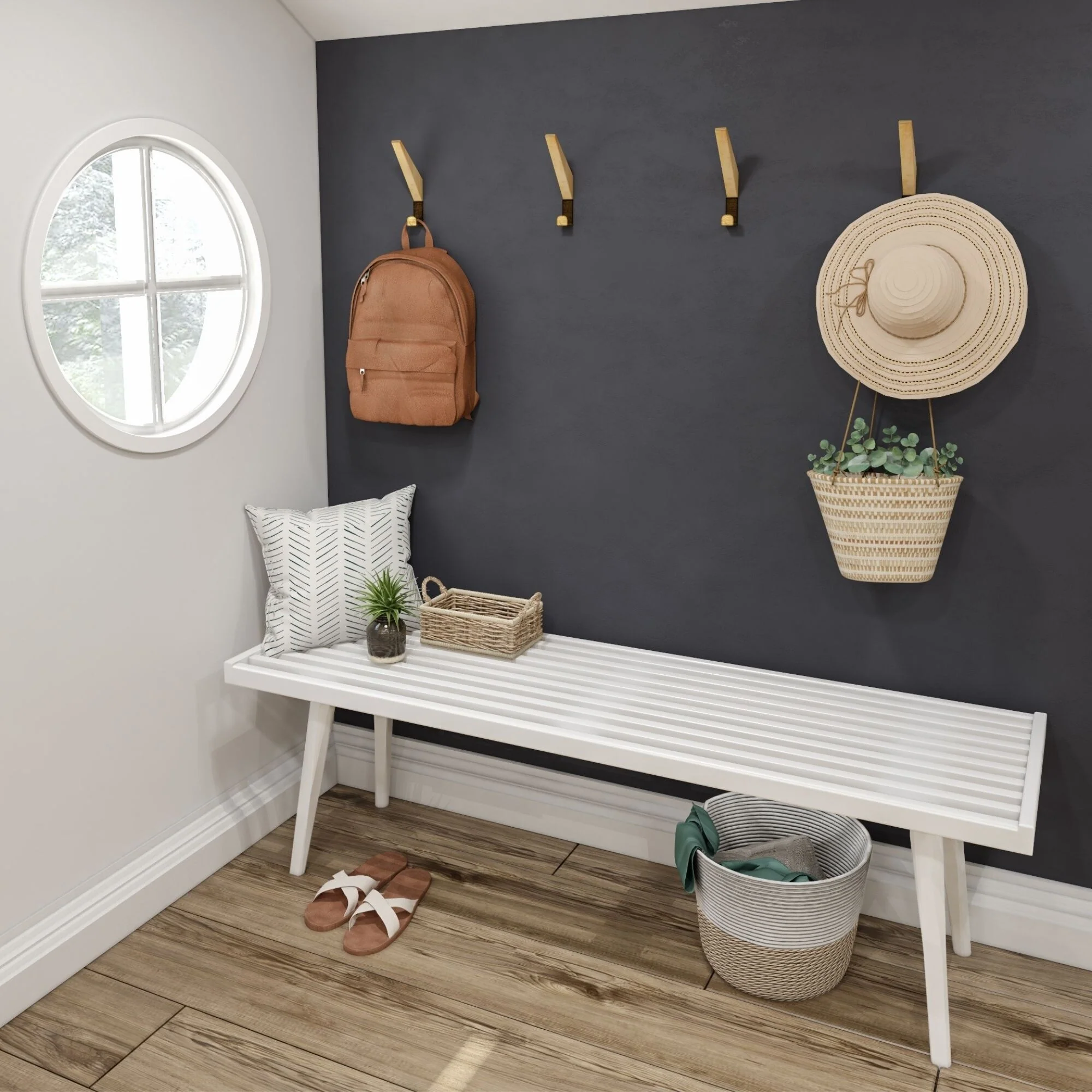 Plank and Beam Mid Century Double Wood Entryway Bench - 56.3 L x 16.5 W x 17.5 H