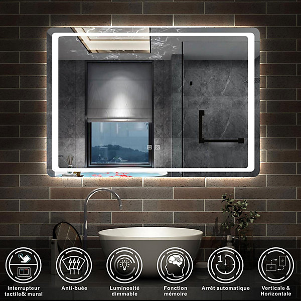 Miroir de salle de bain à LED, dimmable et mémoire, 120x70cm miroir lumineux anti-buée, AICA SANITAIRE