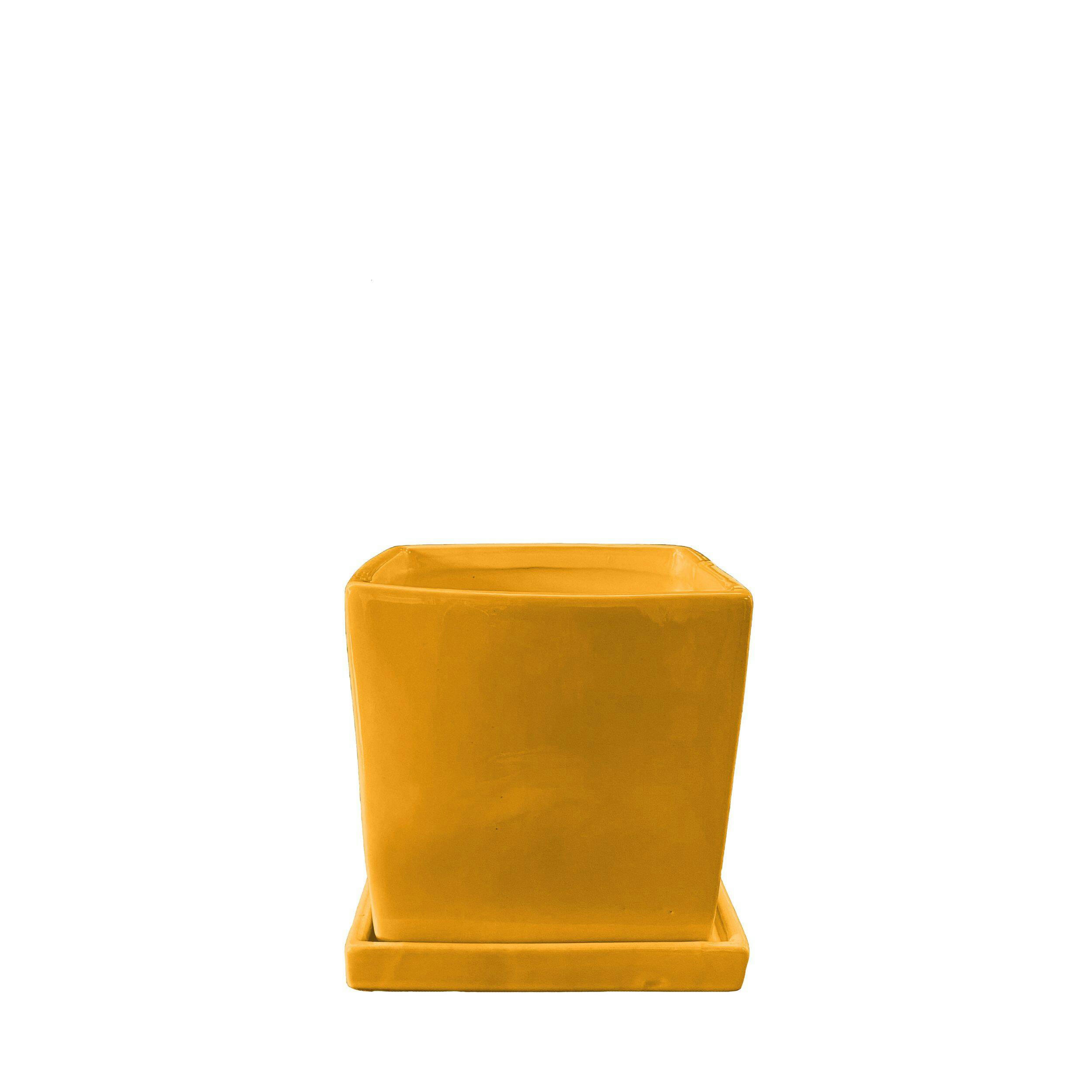 Capri Decorative Garden Square Ceramic Planter with Saucer, 4-in, Yellow