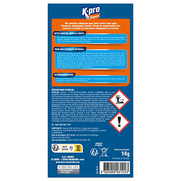 Anti-mites Kapo mites et larves pour les penderies jusqu'a 3 m³