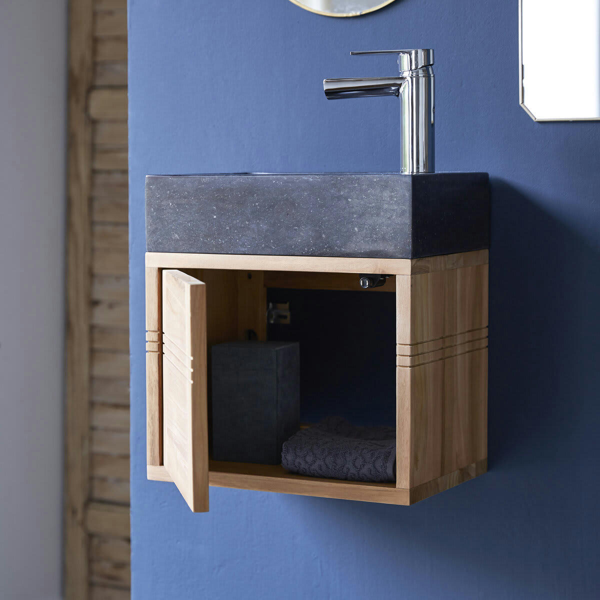BASIC - Meuble Lave main en teck massif et marbre black
