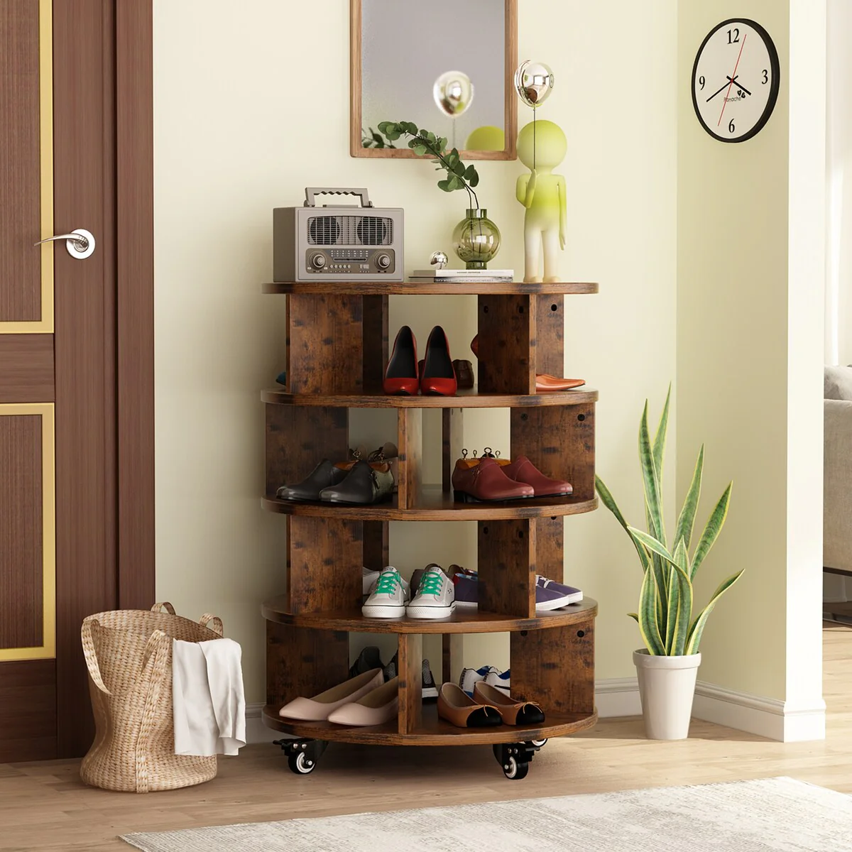 Mieres 4-Tier Round Rotating Shoe Rack, Wood Shoe Organizer with Castors for Entryway, Bedroom and Cloakroom