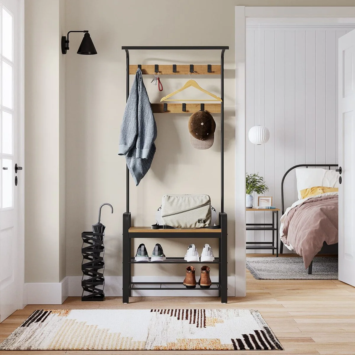 Coat Rack, Hall Tree with Shoe Bench,4-in-1, with 9 Removable Hooks, a Hanging Rod, 13.3 x 28.3 x 72.1 Inches