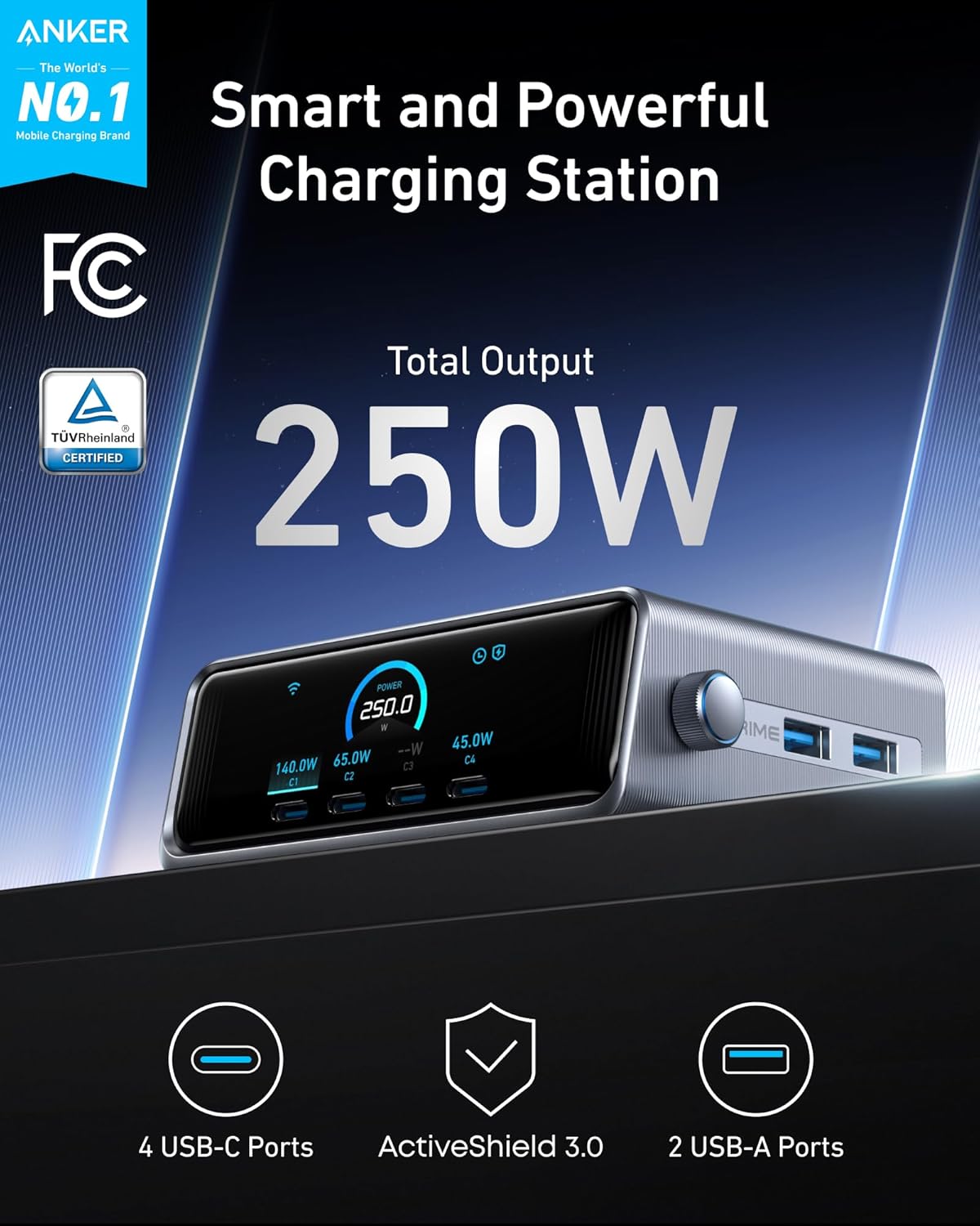 Anker Prime Charging Station, 250W 6-Port GaN USB C Charger, 2.26