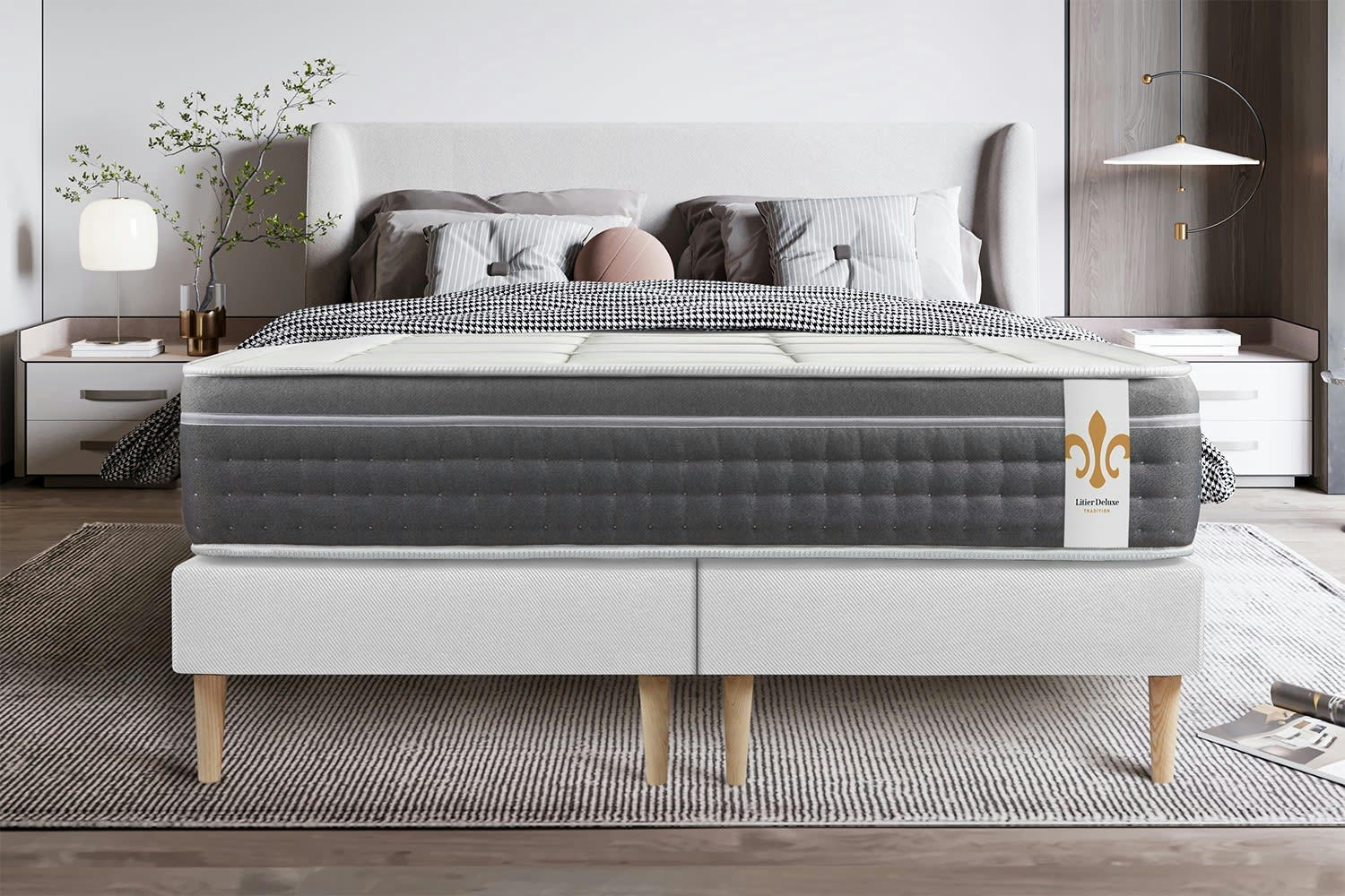 - Ensemble 200x200 Ressorts et mémoire de forme sommier Blanc