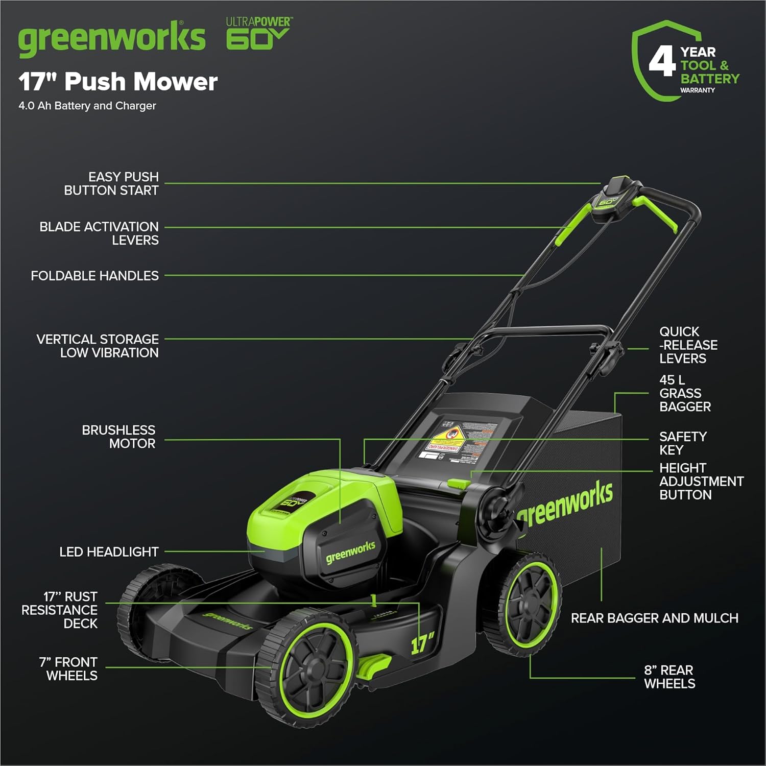 Greenworks 60V 17 Brushless (Push) Mower + 60V (610 CFM) Brushless Blower  4.0Ah Battery and 3A Charger