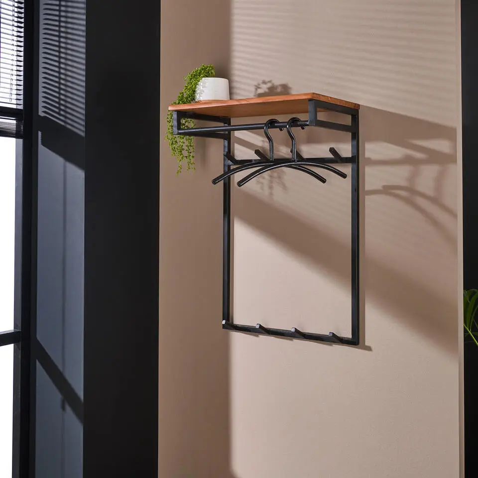 Wandkapstok Met Hoedenplank - 2x 4 Haken - Acaciahout & Metaal