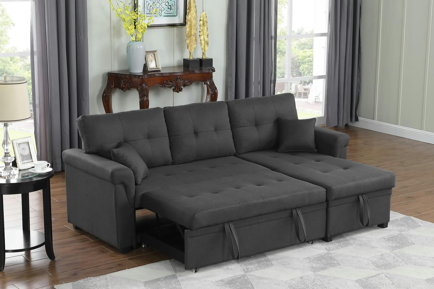 TORONTO - Canapé d'angle droit convertible 4 places en tissu gris foncé