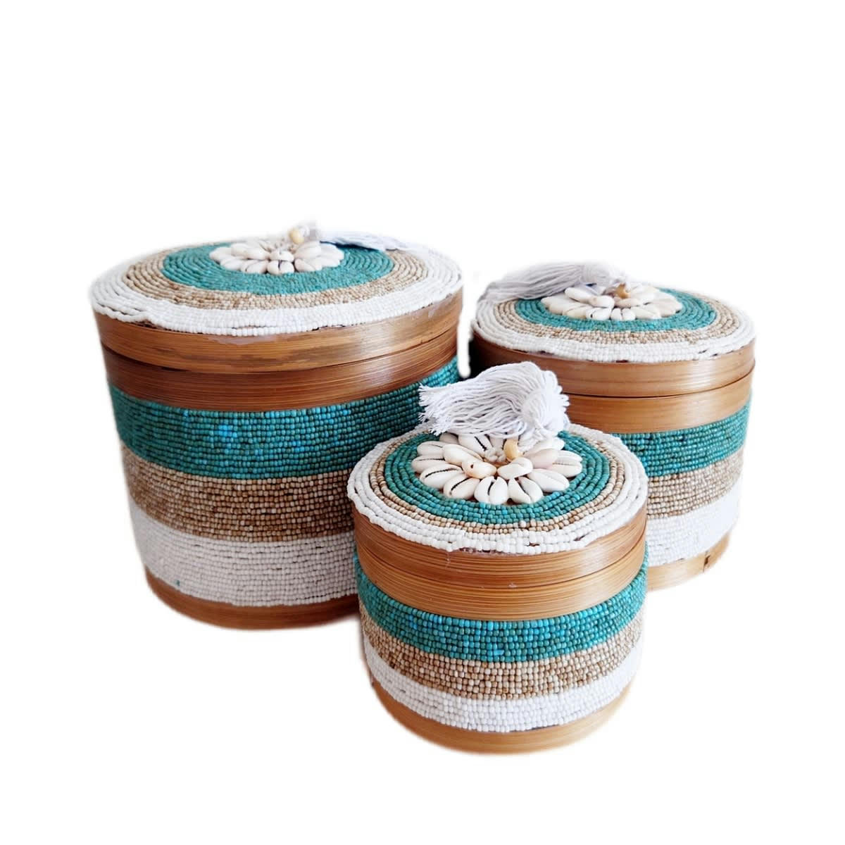 INDY - Boîtes rondes en bambou, perles et coquillages, menthe - lot de 3