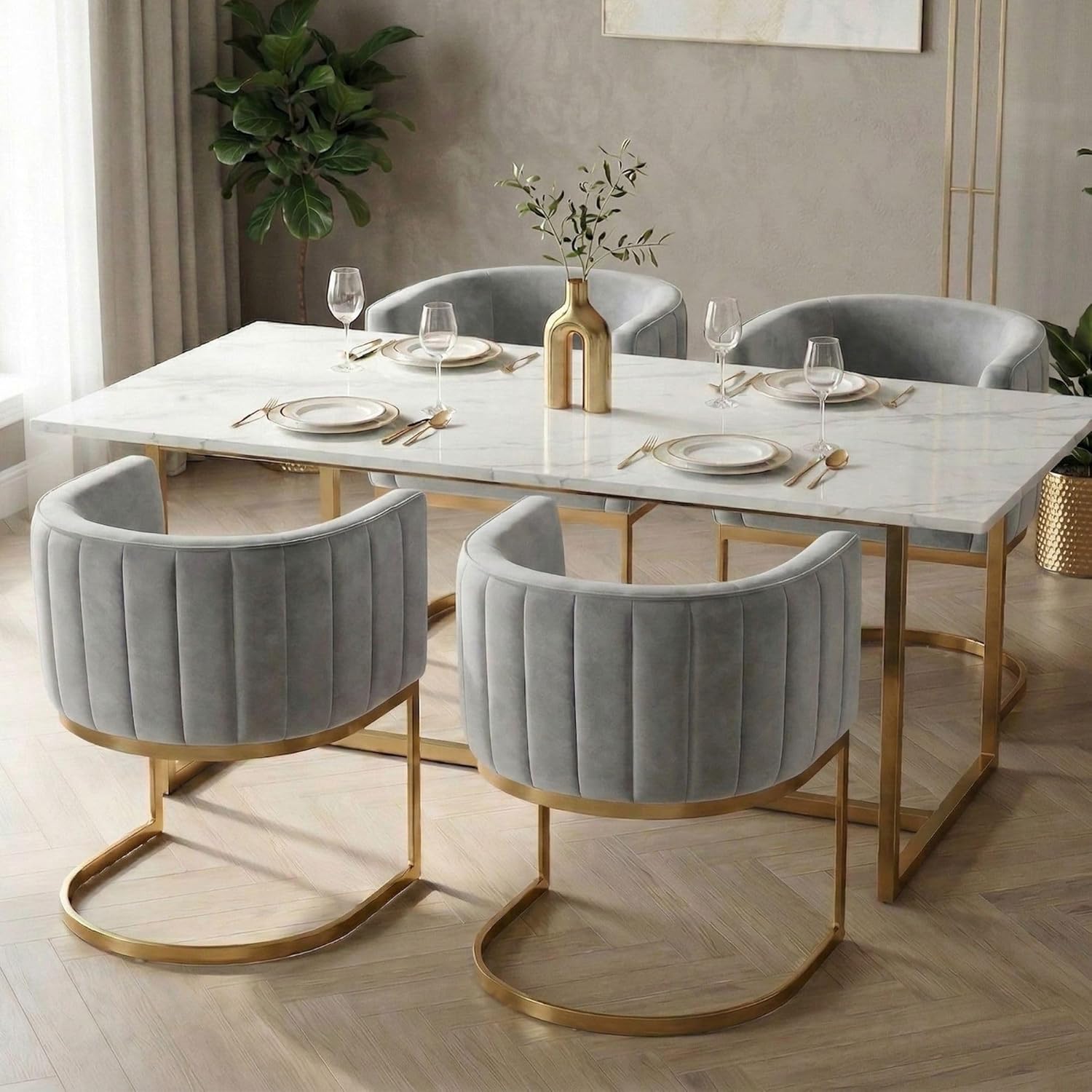 Hyfirm Gray and Gold Modern Barrel Dining Room Chairs Set of 4, Velvet Upholstered Accent Chairs with Curved Back for Kitchen Island, Luxury Comfort Seating Cantilever Metal Frame