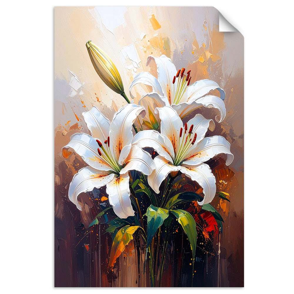 Naklejka na ścianę do salonu Feeby Lilie Białe Kwiaty jak malowane 20x30