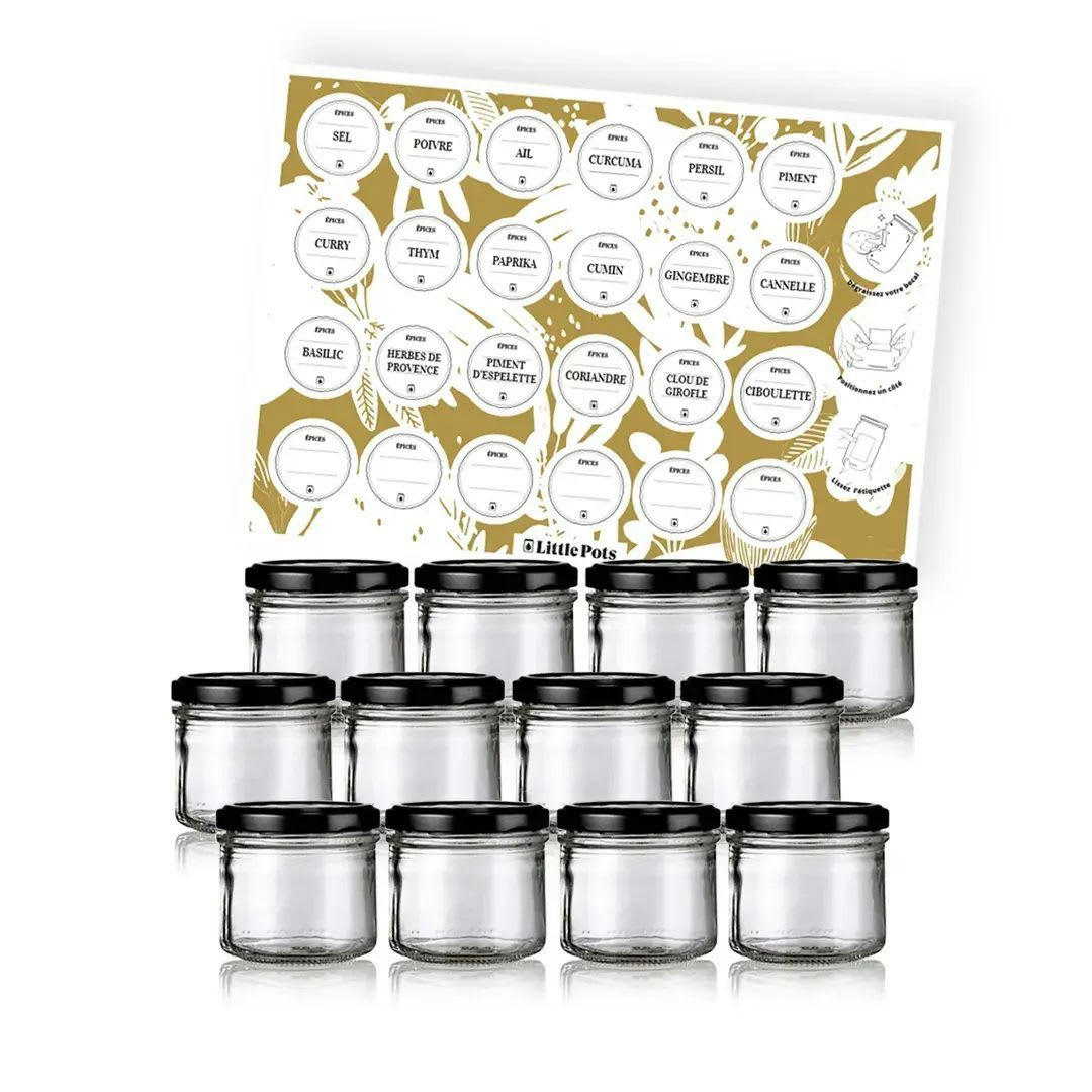 PACK EPICES - Pack épices - 12 pots 130ml couvercles noirs + étiquettes
