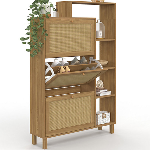 Meuble à chaussures 18 paires HANAE 3 portes effet naturel cannage avec étagère