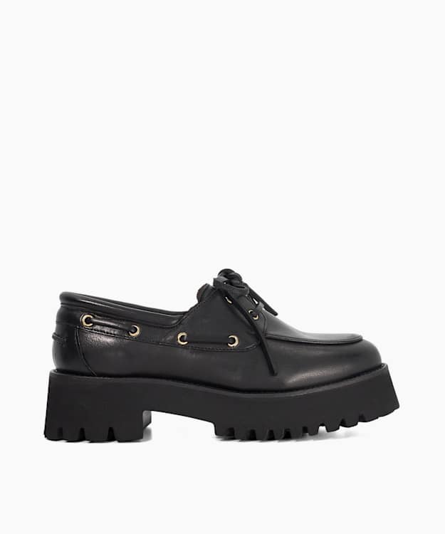 Griffyn Black - Leather Lace Up Chunky Boat Shoes