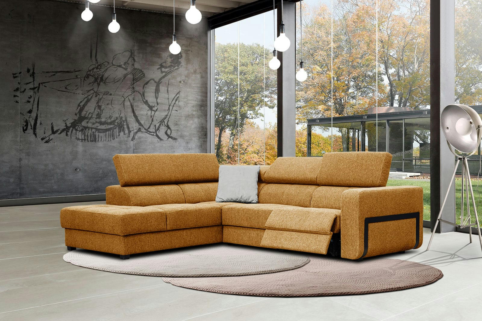 BERGO - Canapé d'angle gauche 5 places avec une relax électrique tissu orange