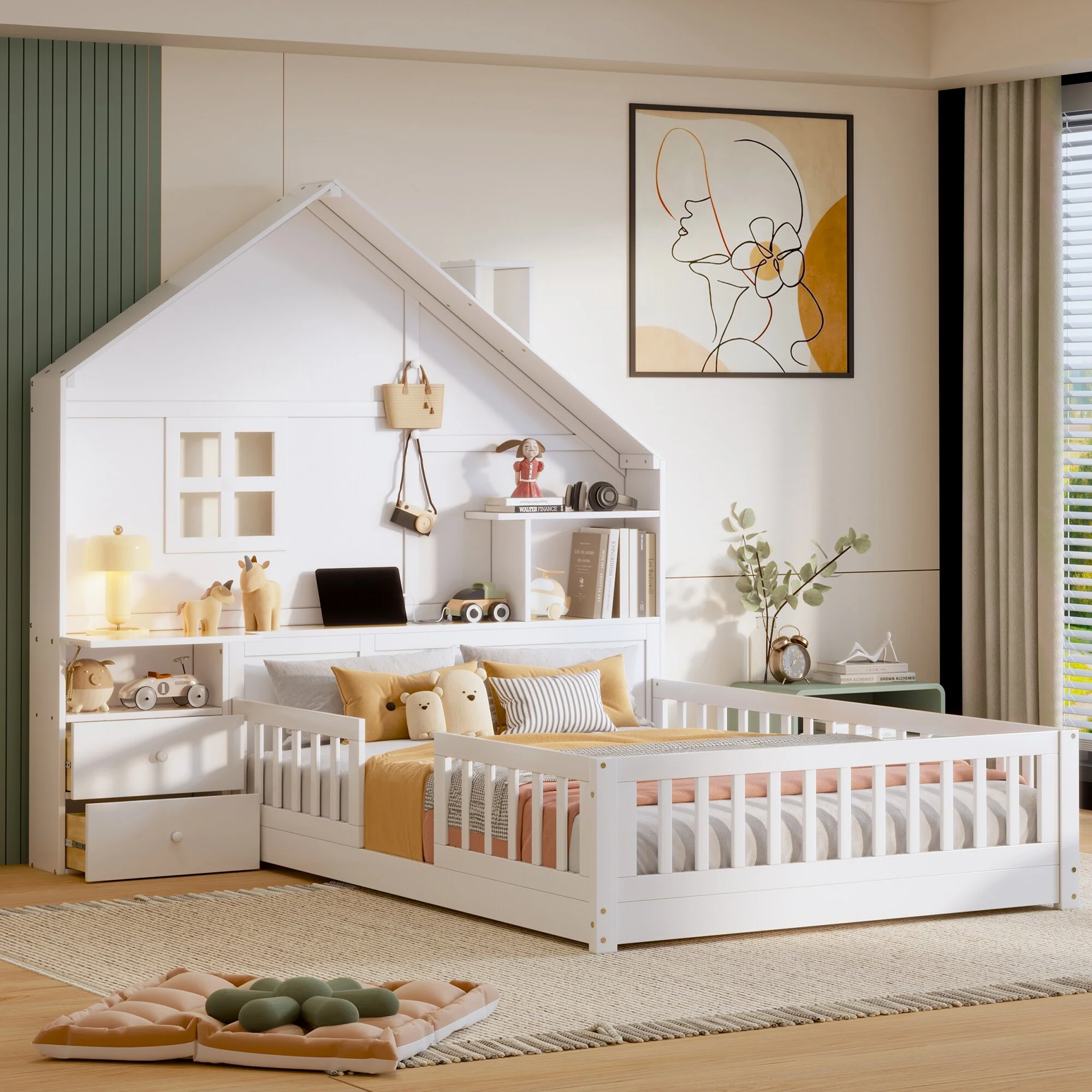 Wooden Floor Platform Bed with House Shape Storage Wingback Headboard, House Bed with USB, Window and Bedside Drawers