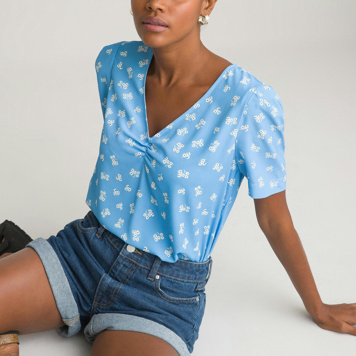 Blouse col v manches courtes imprimé floral