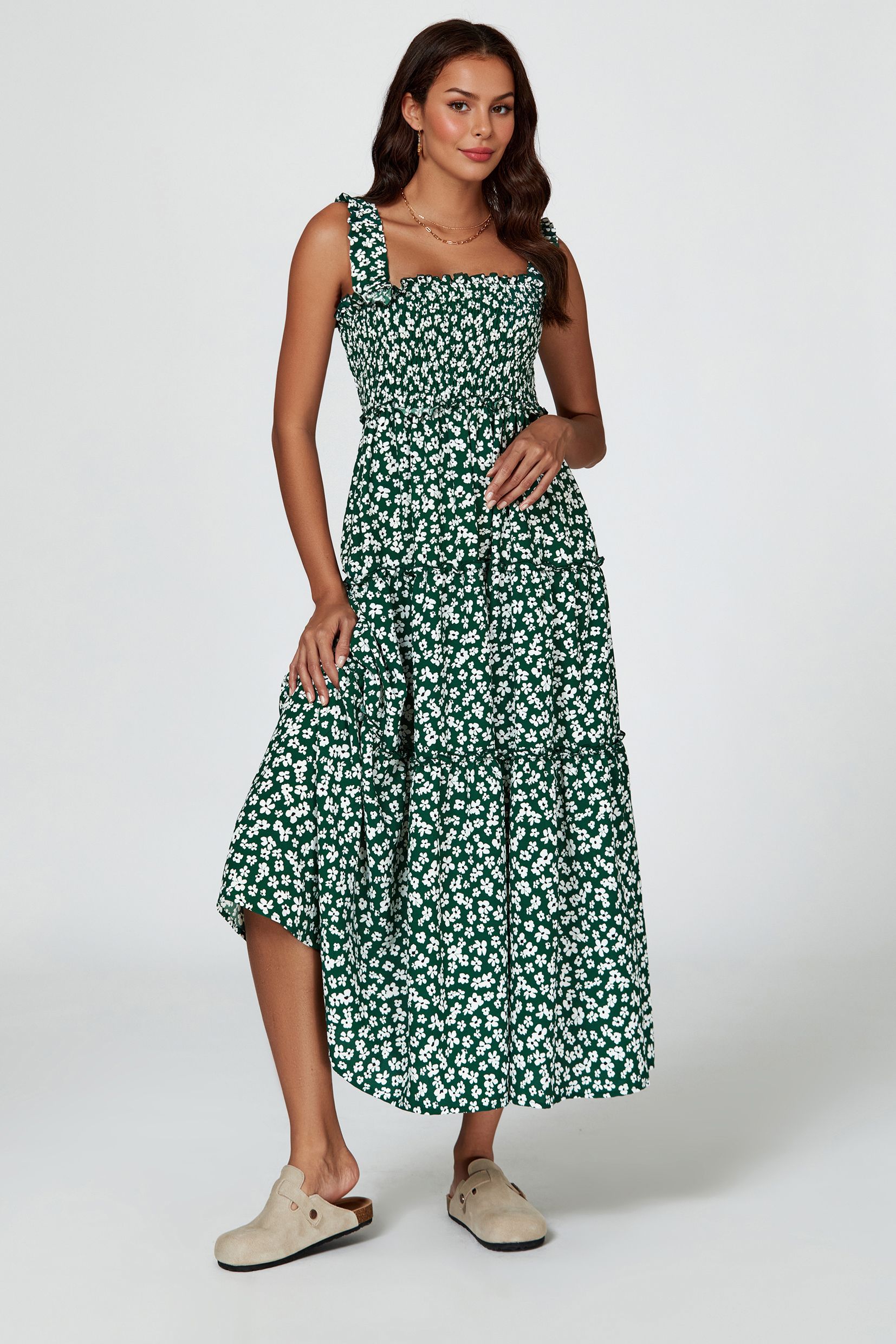 FS Collection Floral Print Hem Detail Tiered Maxi Dress In Green