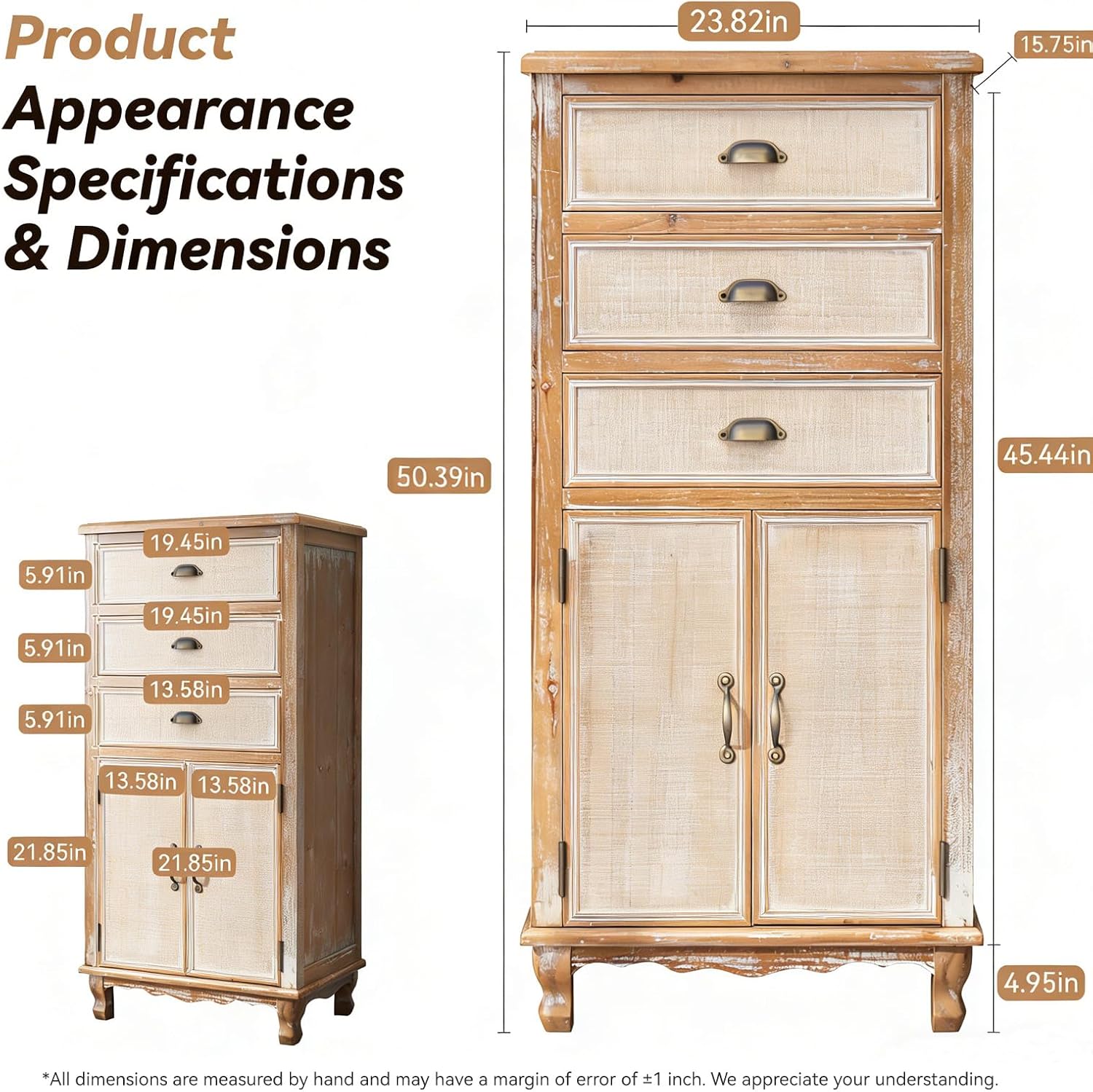 Rustic Tall Storage Cabinet - Distressed Solid Wood Frame Accent Cabinet with 3 Drawers & 2 Doors, Farmhouse Freestanding Floor Cabinet for Entryway, Living Room, Hallway
