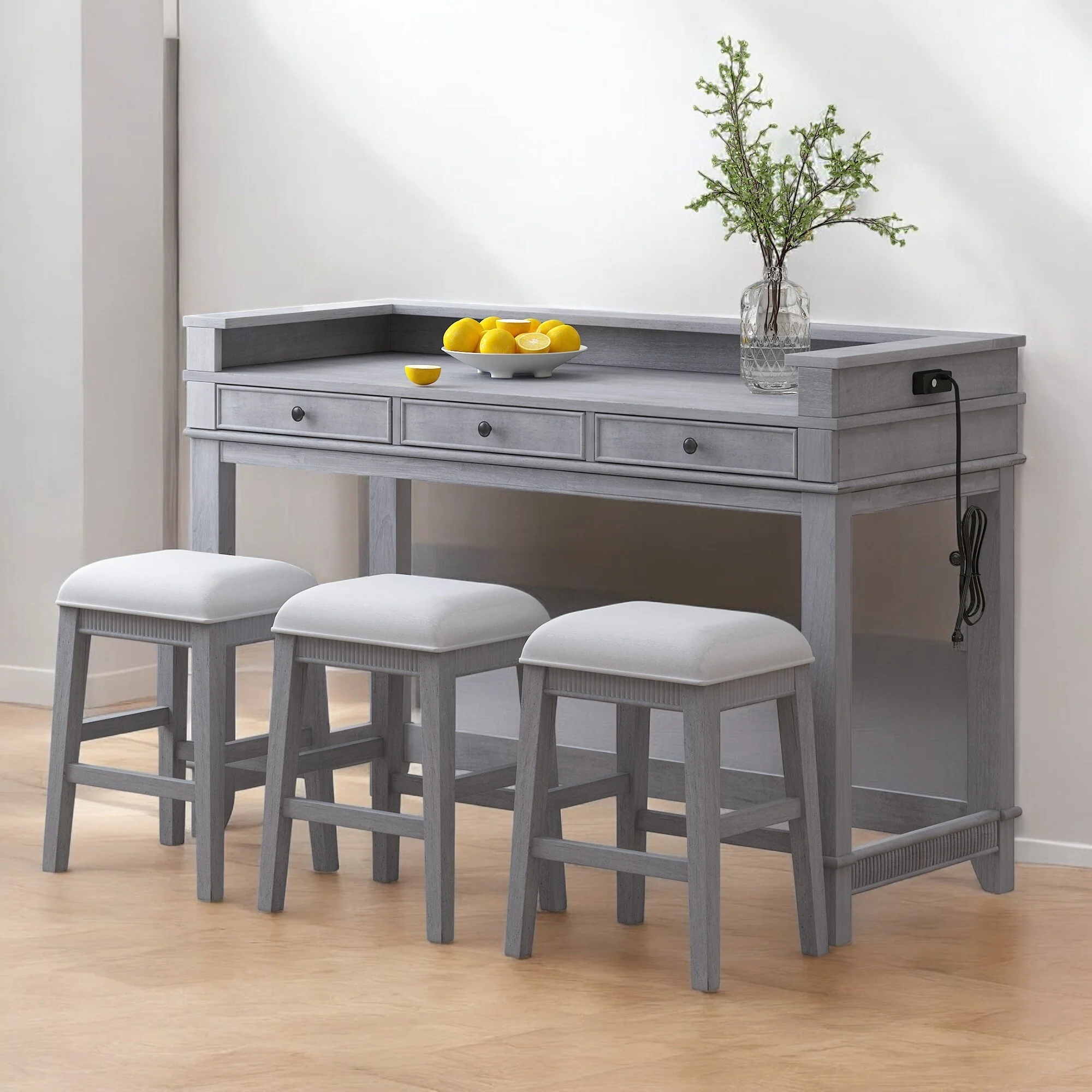 4-Piece Counter Height Dining Table Set with Storage Drawers and Charging Station, Retro Bar Table and 3 Stools for Small Spaces