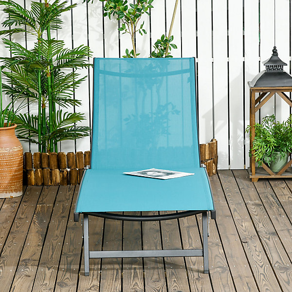 Chaise longue de jardin avec roulettes et dossier réglable, en aluminium et polyester, bleue, 195 x 65 x 102 cm