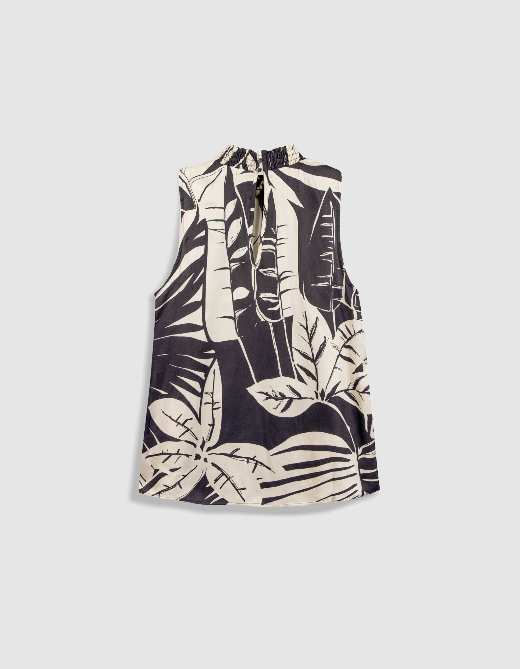 Top sans manches marine satiné imprimé maxi feuilles Femme