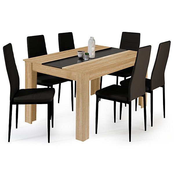 Ensemble table à manger GEORGIA 140 cm imitation hêtre et noire et 6 chaises ROMANE noires