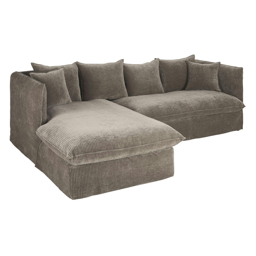 Louvain - Canapé d'angle gauche 3/4 places en velours côtelé marron écorce