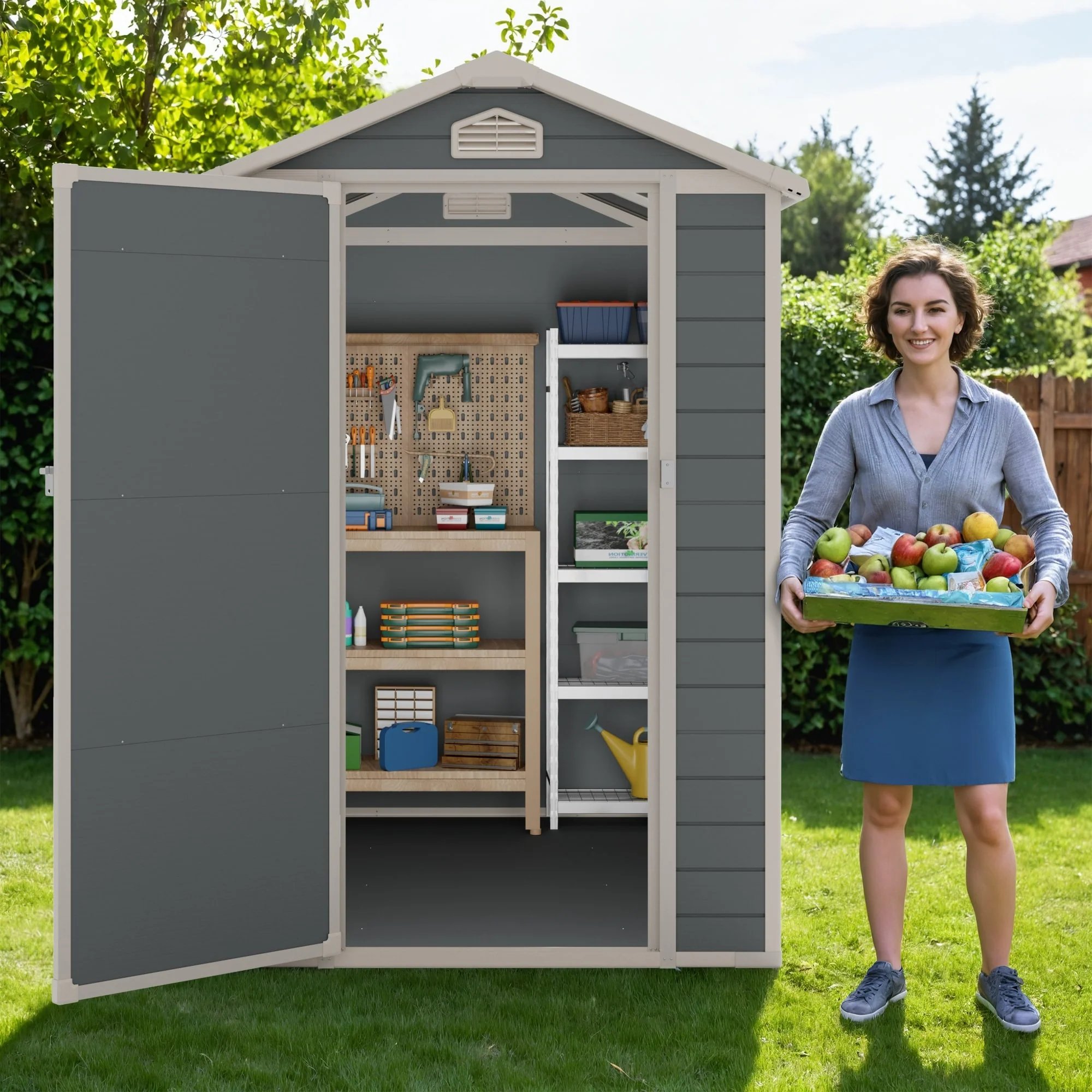 Furniwell 4x6 ft Outdoor Storage Shed, Plastic Weather Resistant Garden Shed, Pitched Roof,Lockable Door - 4*6