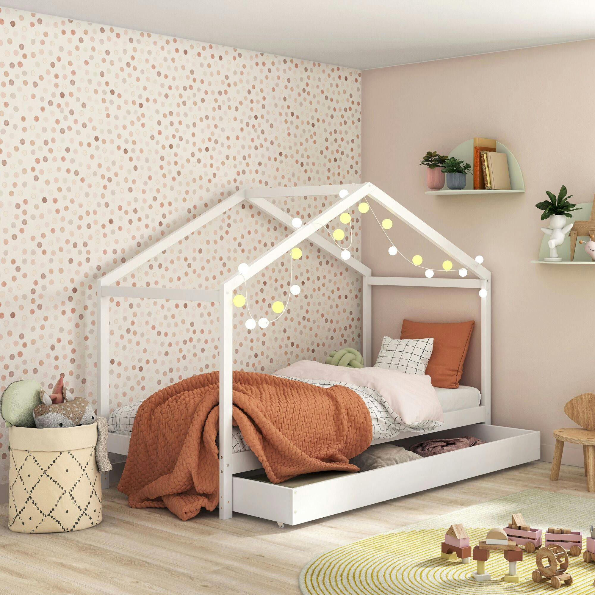 WENDY - Lit cabane + tiroir en bois blanc 90 x 190 cm