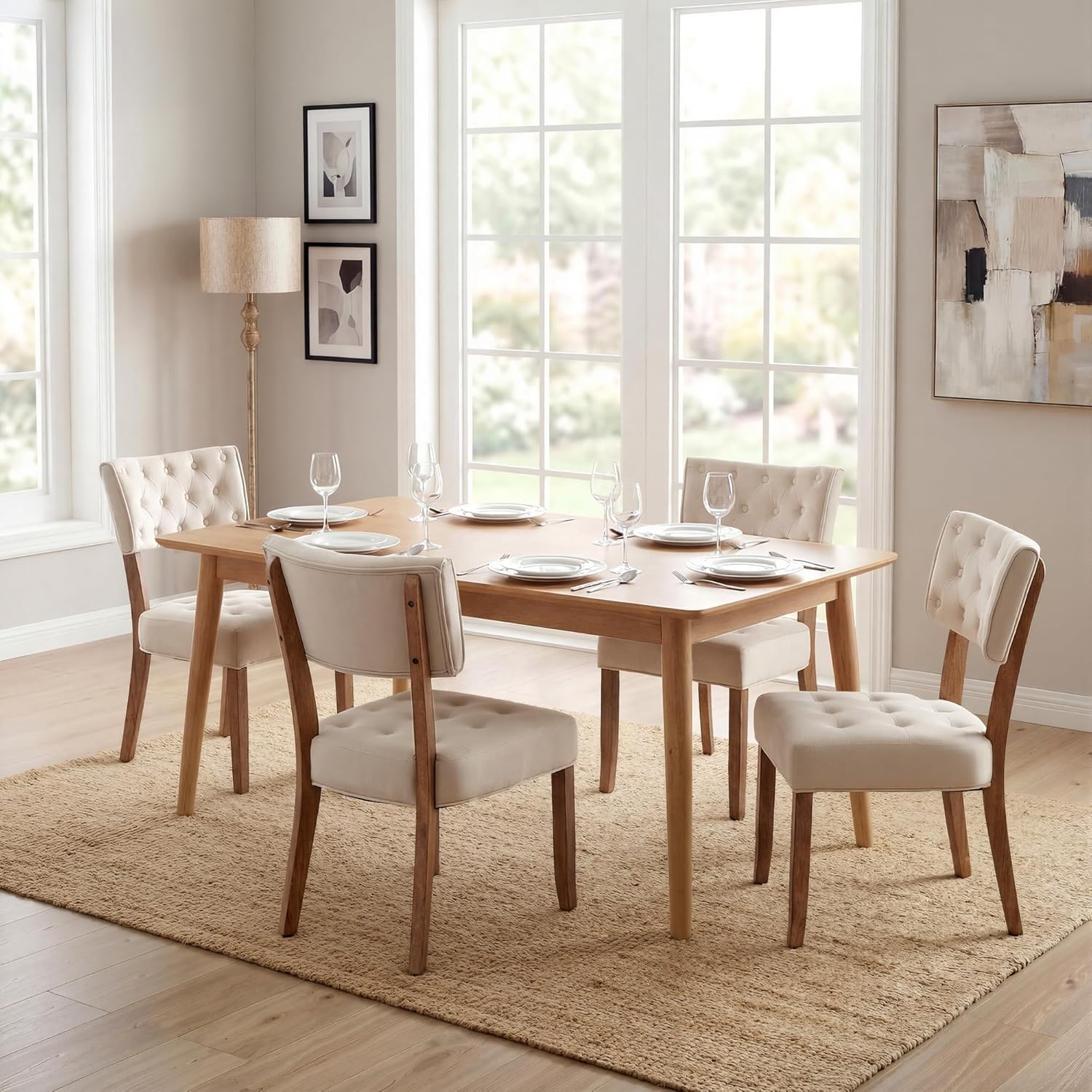 UVV Wooden Dining Chairs Set of 4, Mid Century Tufted Upholstered Kitchen Chairs Dining Room Chairs, Velvet Farmhouse Dinner Chair for Kitchen Dining Room, Beige