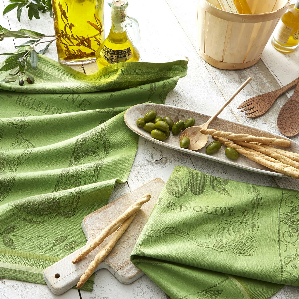 HUILE SURFINE - Torchon en jacquard de coton vert 50x75