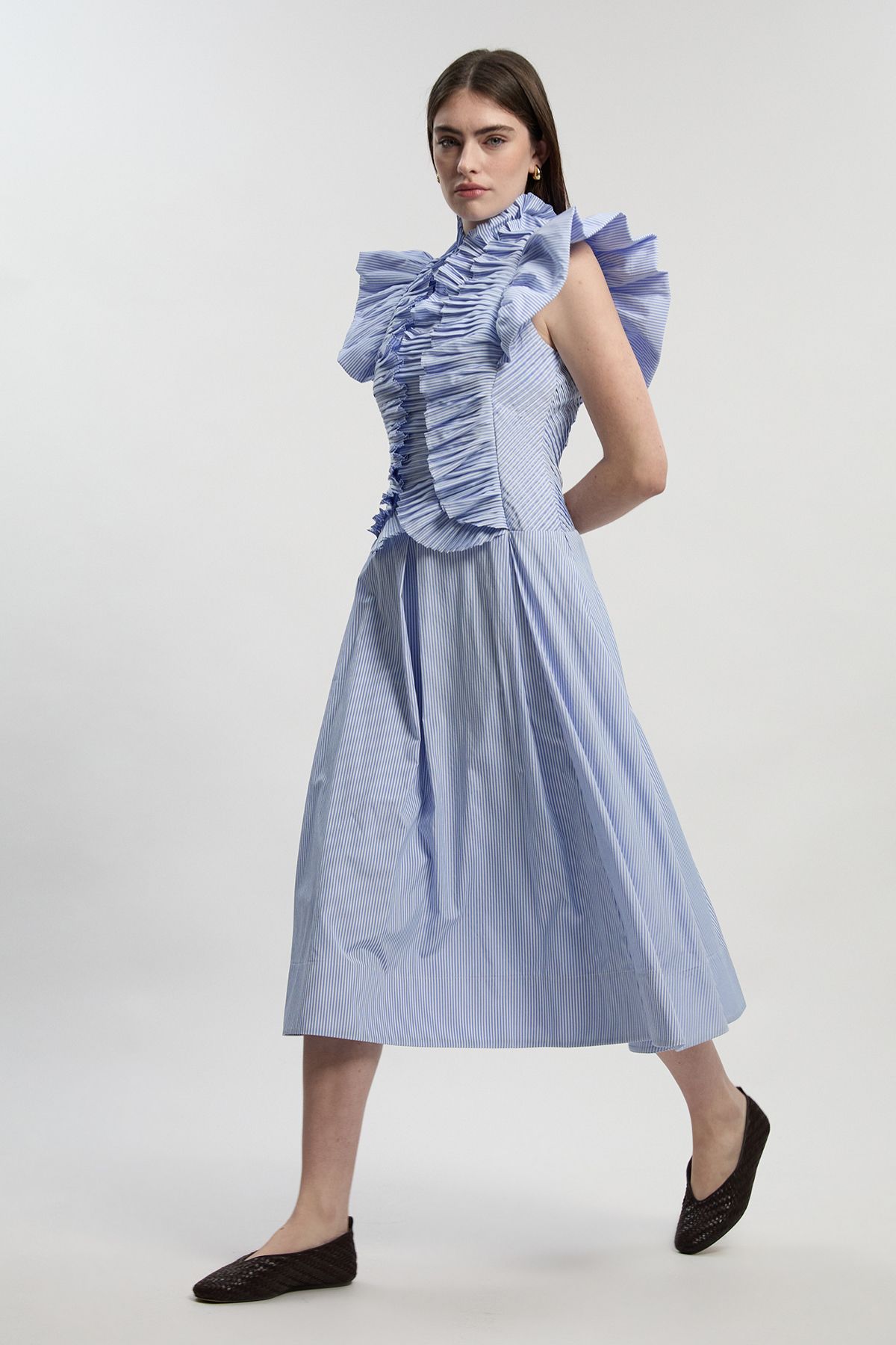 KarenMillen Stripe Pleated Ruffle Sleeve Woven Maxi Dress