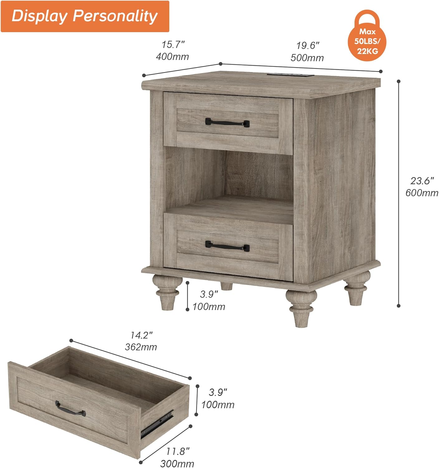 WAMPAT Farmhouse End Table Nightstand with Charging Station, Small Side Table with 2 Drawers & Shelf for Living Room, Light Wood Night Stand Bedside Table for Bedroom, Grey