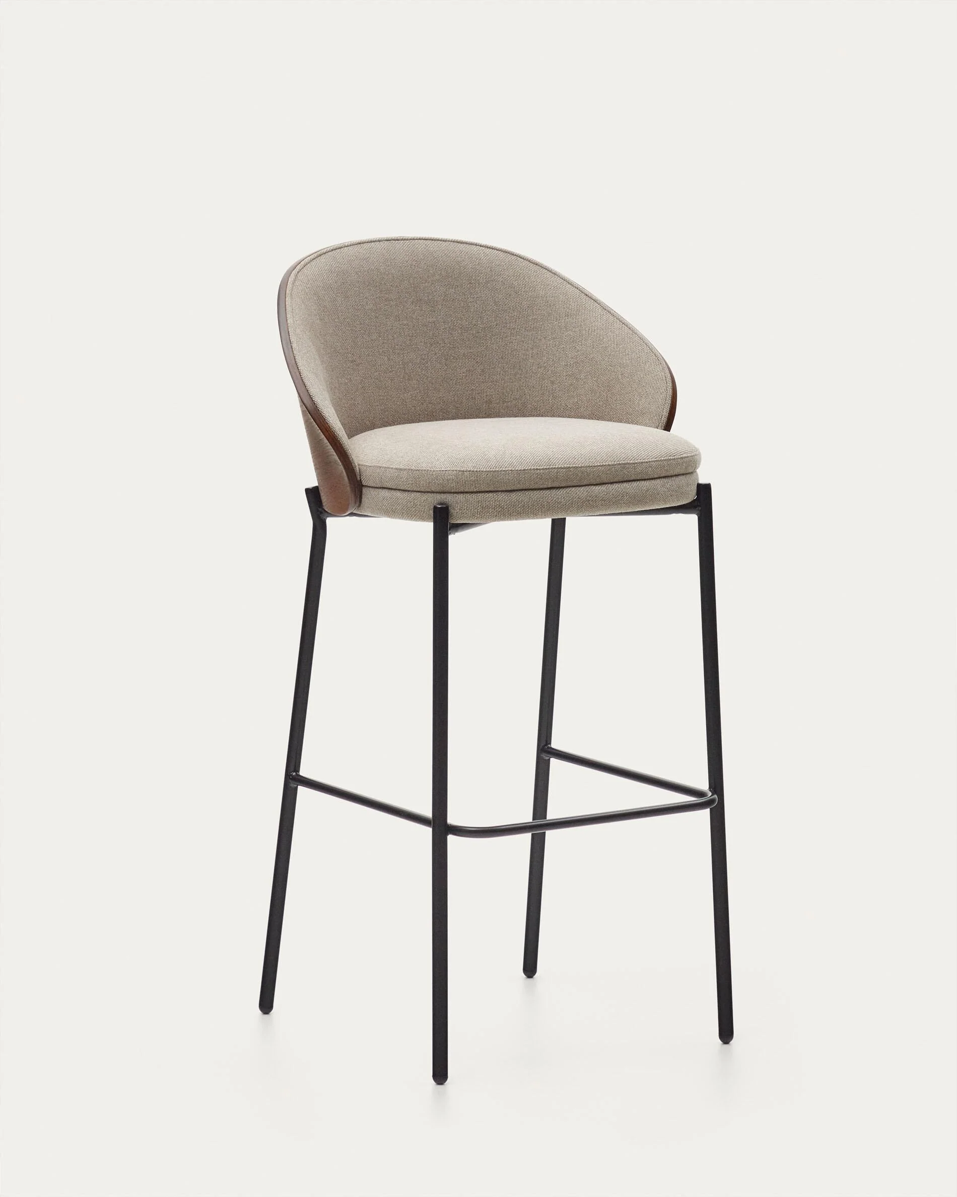 Eamy stool light brown chenille and ash wood veneer with a walnut finish and black metal 77 cm
