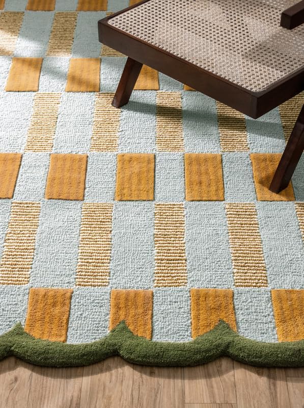 Checkered Hand-Tufted 100% Wool Area Rug - 5x8 Ft, Rectangular Light Blue Base with Mustard and Beige Blocks, Olive Green Scalloped Edge, Cotton Backing Plush Carpet for Bedroom & Nursery